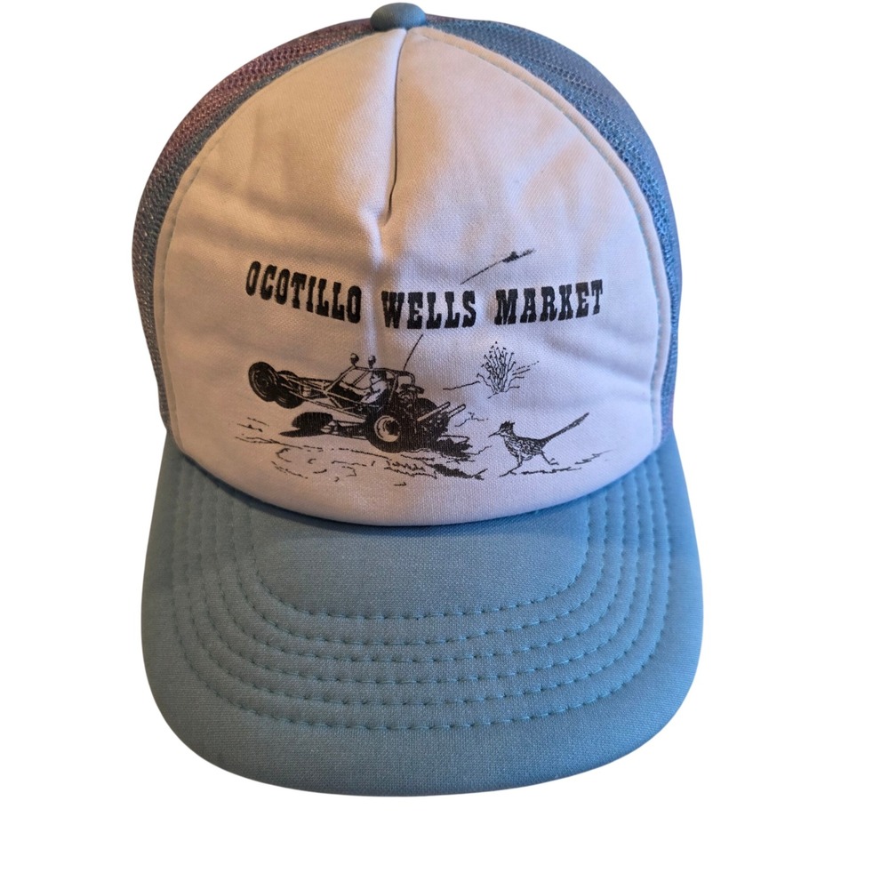 Vintage 70s Ocotillo Wells Market Trucker Hat Dune Buggy Mesh Cap Snapback Blue